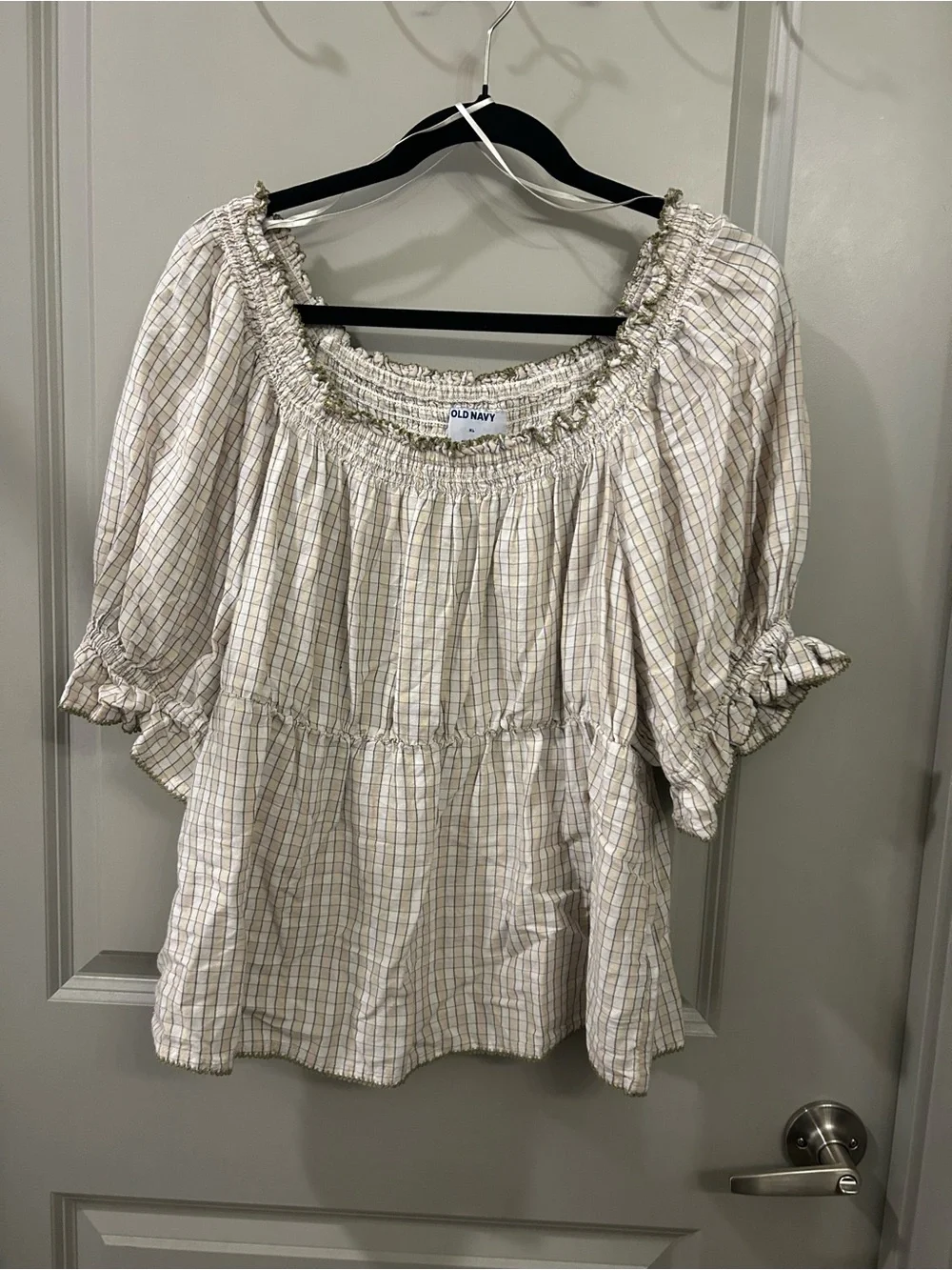 Old Navy Cream Plaid Smocked Peasant Blouse